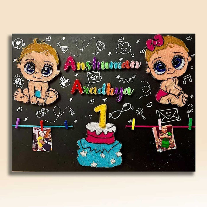 Photo Personalized String Art Double Blessed Twins Wooden Name Plate