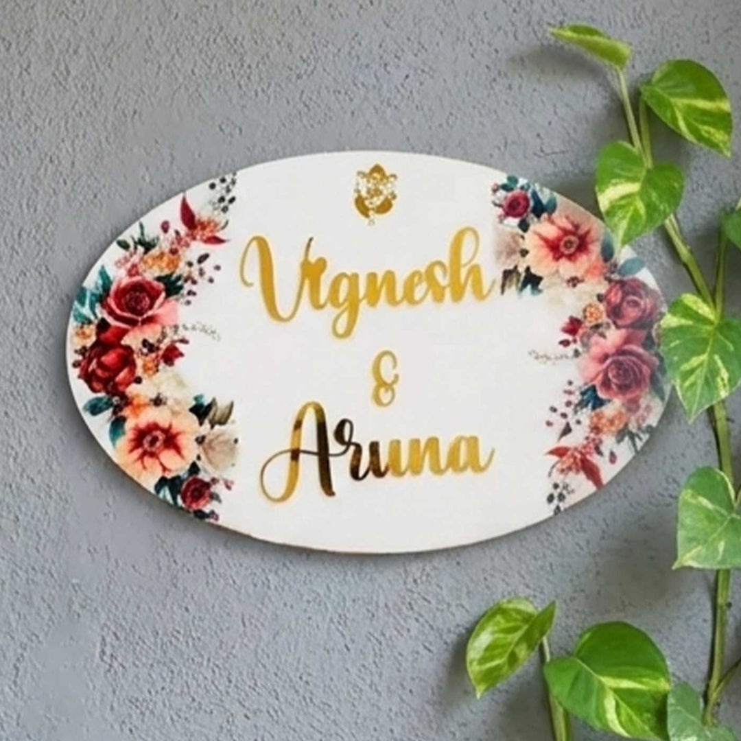 White & Red Floral Personalized Oval Resin Nameplate | With 3D Acrylic Letters