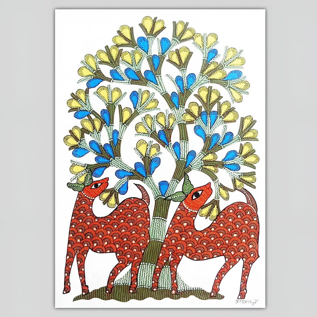 11 x 16 Inch | Two Deer Under Tree | Original Hand Painted Tribal Gond Art Painting | Acrylic Paint On Paper