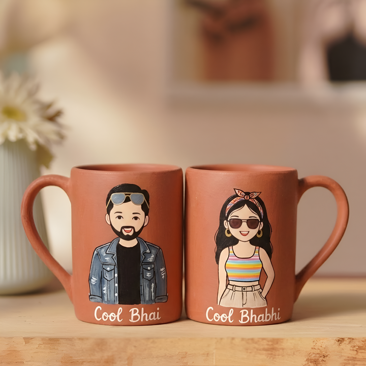 2 Pc | Cool Bhaiya Bhabhi Personalized Handpainted Terracotta Mug | 200 ml