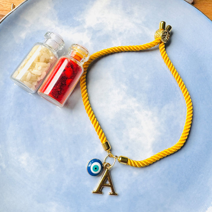 Reusable Handmade Personalised Evil Eye Charm Bracelet Rakhi With Roli Chawal For Brother