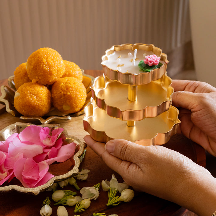 Handcrafted 3 Tier Lotus Brass Urli Soy Wax Candle With Lily & Lavender Fragrance For Festive Decor