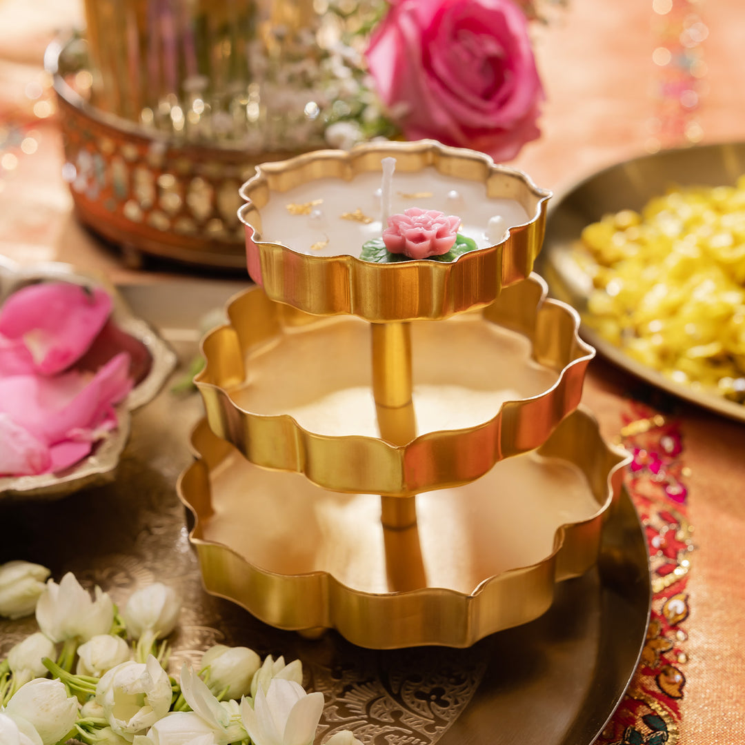 Handcrafted 3 Tier Lotus Brass Urli Soy Wax Candle With Lily & Lavender Fragrance For Festive Decor