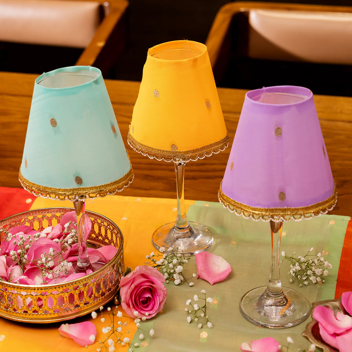 3 pc | Handmade Decorative Yellow, Lavender & Blue Silk Foldable Tapered Wine Glass Lampshade For Festive Decor