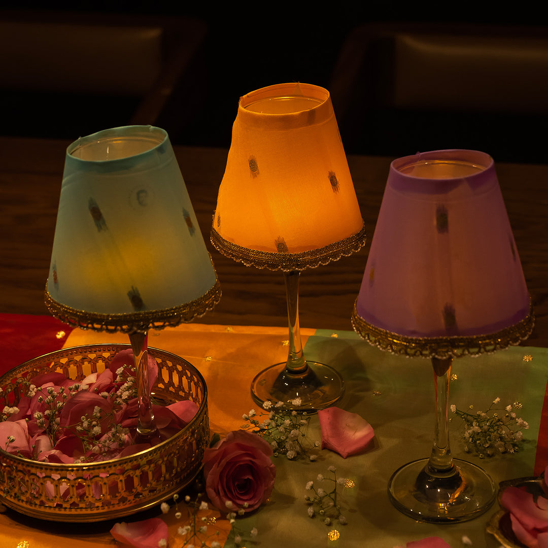 3 pc | Handmade Decorative Yellow, Lavender & Blue Silk Foldable Tapered Wine Glass Lampshade For Festive Decor
