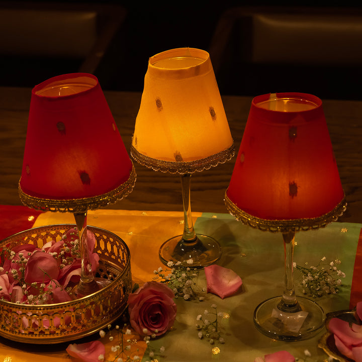 3 pc | Handmade Decorative Red, Pink & Yellow Silk Foldable Tapered Wine Glass Lampshade For Festive Decor
