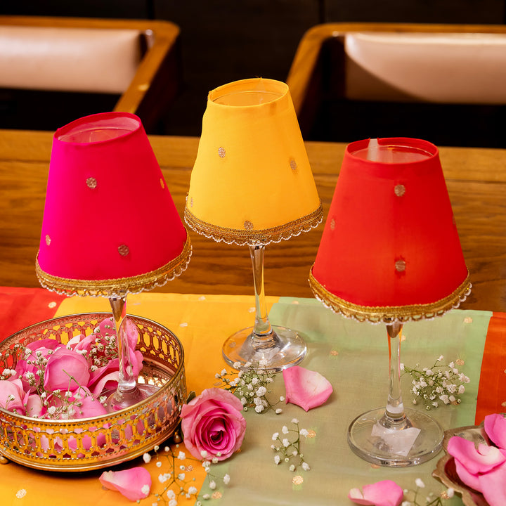 3 pc | Handmade Decorative Red, Pink & Yellow Silk Foldable Tapered Wine Glass Lampshade For Festive Decor