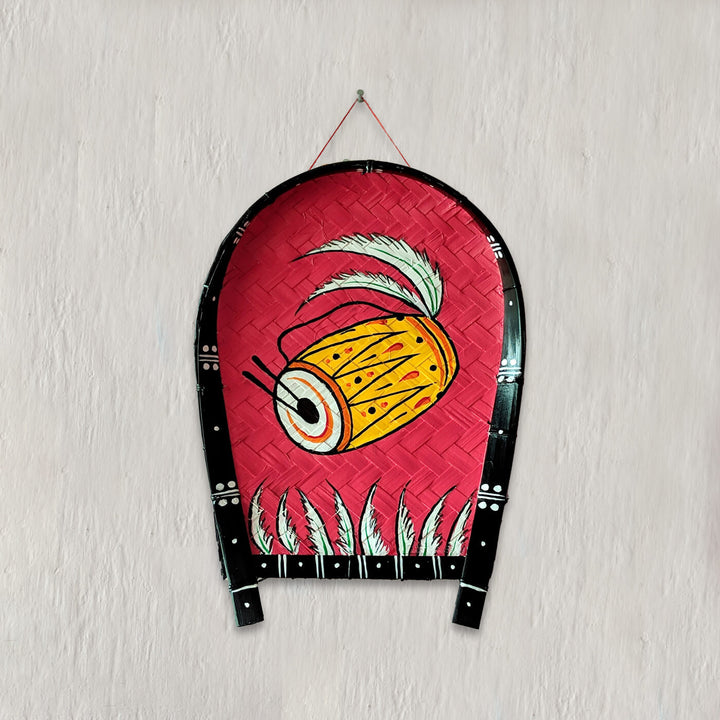 Handpainted Dhak Kulo | Pink Durga Pujo Themed Bamboo Wall Decor