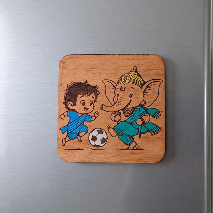 Engraved & Hand-Painted Football Ganesha Mahogany Wood Fridge Magnet