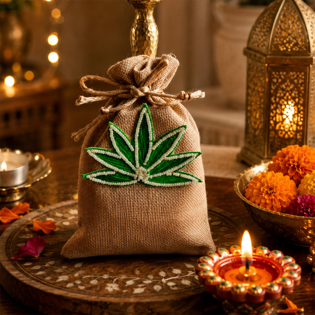 Shubh Labh Green Tealight Home Diwali Gift Hamper With Potli And Mata Laxmi Charan For Festive Gifting