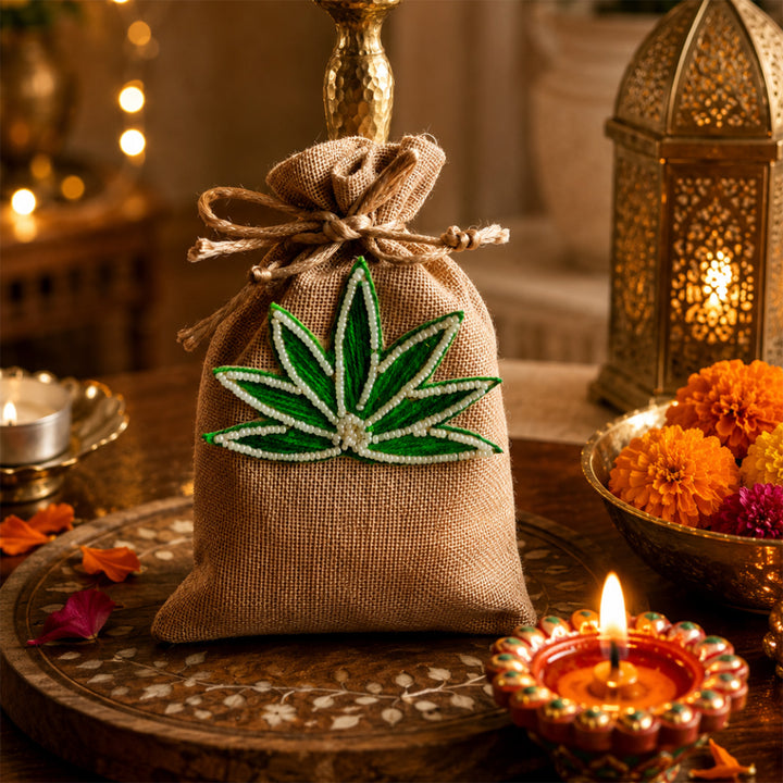 Shubh Labh Green Tealight Home Diwali Gift Hamper With Potli And Mata Laxmi Charan For Festive Gifting