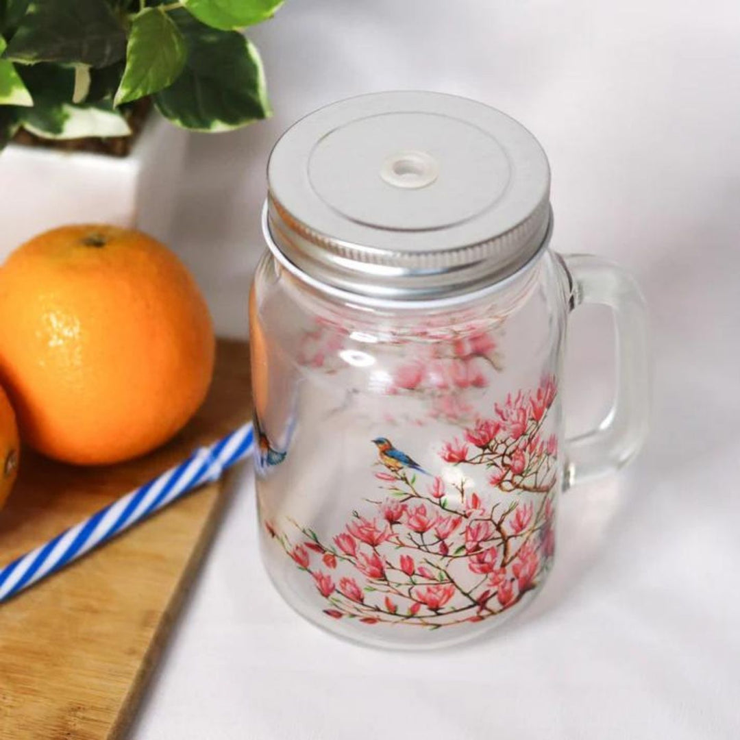 Botanical Print Mason Jar with Metal Lid & Straw | 500 ml