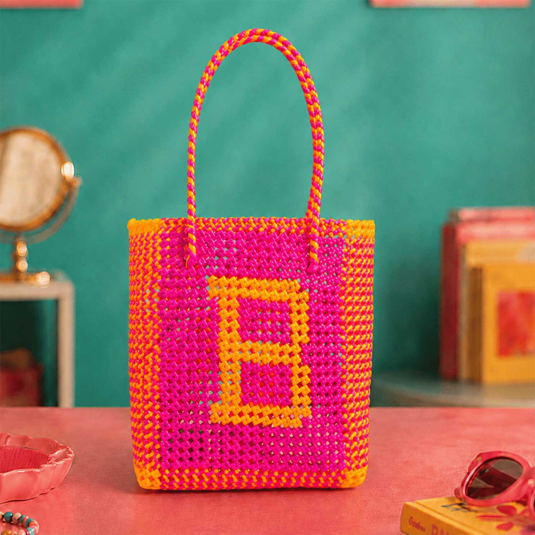 Orange & Magenta Personalized Monogram Handmade Wire Koodai Tote Bag
