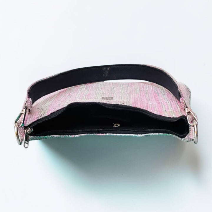 Pink and Silver Striped Upcycled Plastic Handcrafted Baguette Handbag