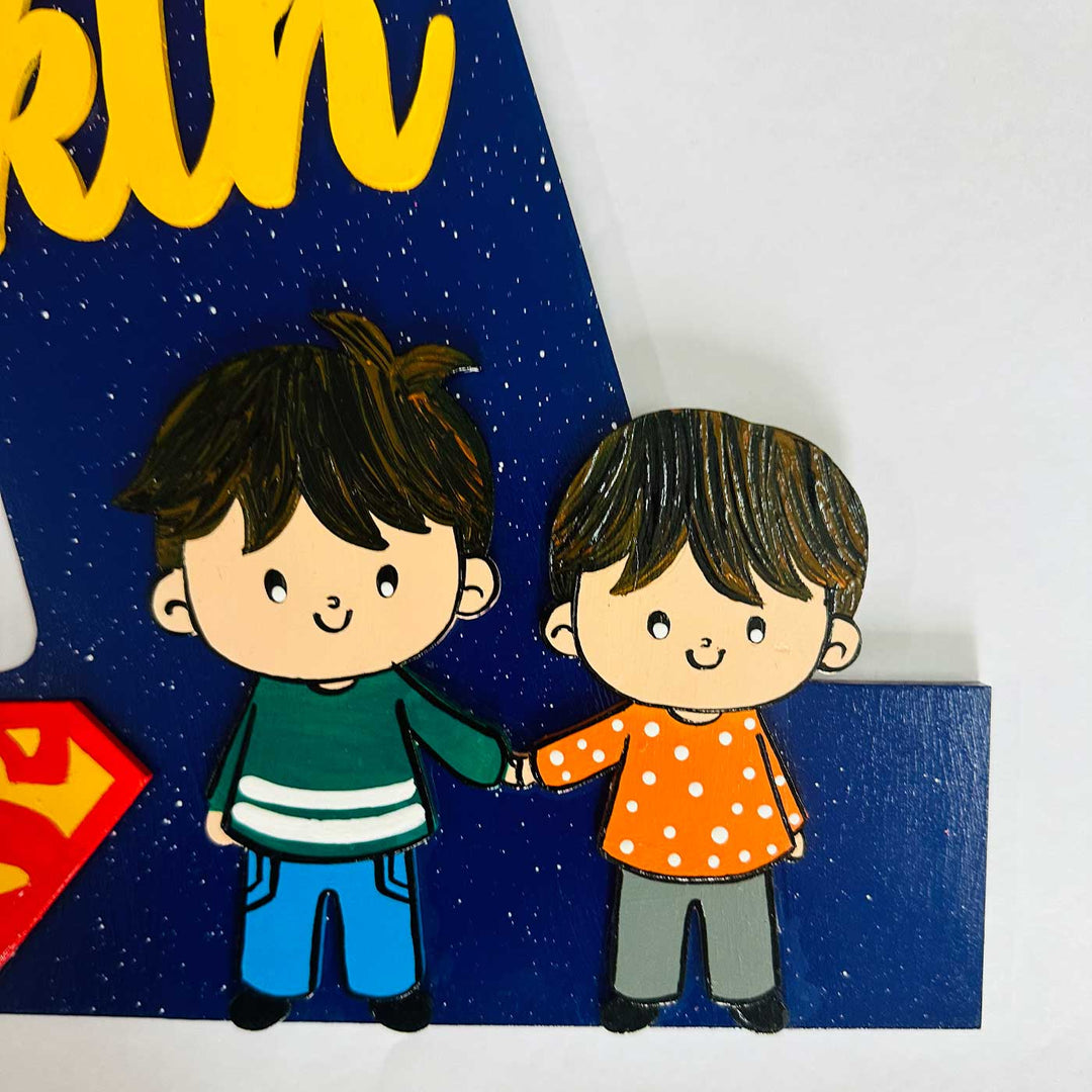12 inch | Personalized Hand-painted Superhero Siblings Adventure MDF Wood Monogram With 3D Letters