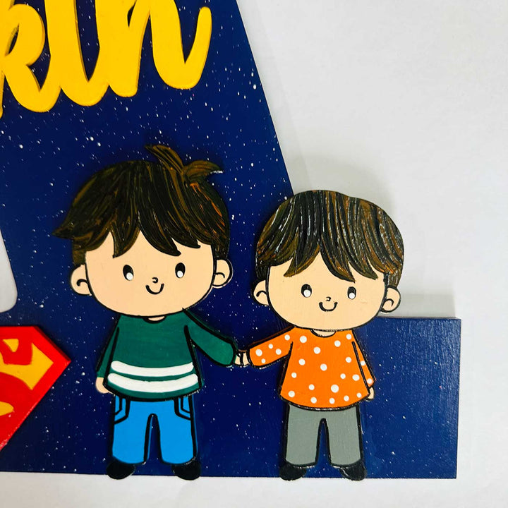 12 inch | Personalized Hand-painted Superhero Siblings Adventure MDF Wood Monogram With 3D Letters