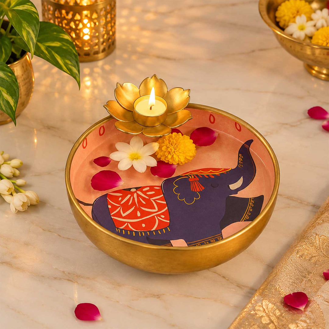 Handmade Meena Enamel Elephant Urli With Floral Tealight Holder For Festive Decor
