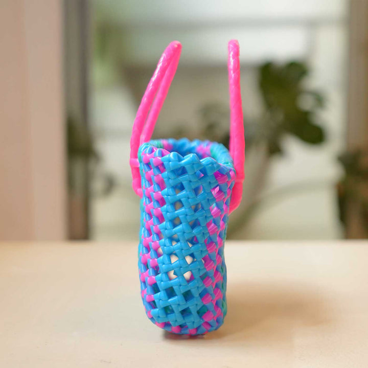 Handwoven Blue & Pink Small Plastic Wire Koodai Bag For Festive Return Gifts
