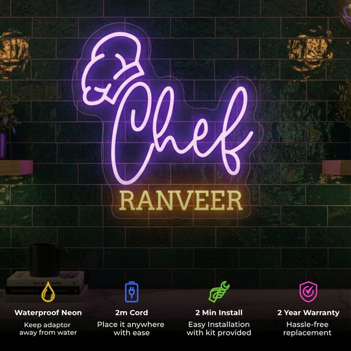 Personalized Chef Name Neon Light Sign Board With Hat Motif For Kitchen Decor