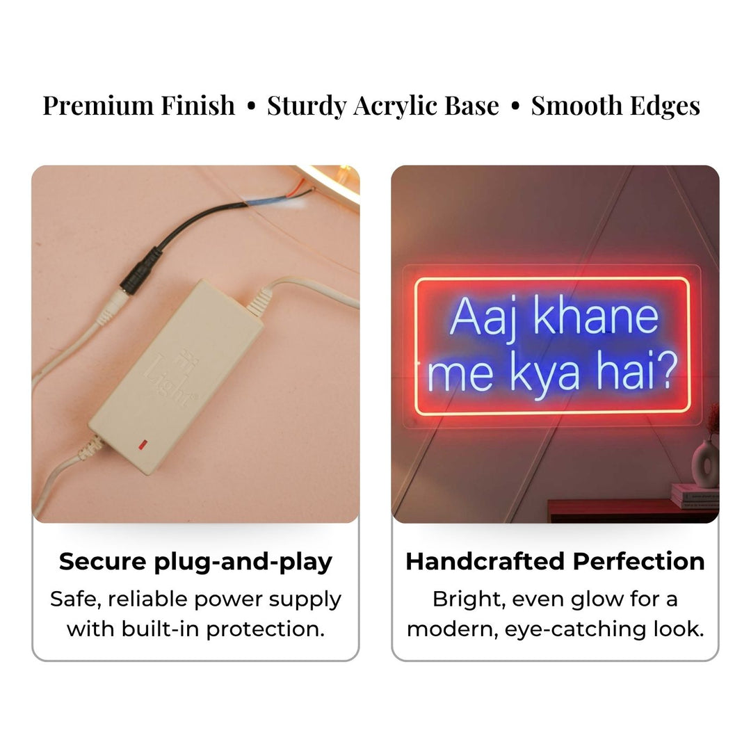 Personalized "Aaj Khane Me Kya Hai" Neon Light Sign Board For Kitchen And Dining Decor