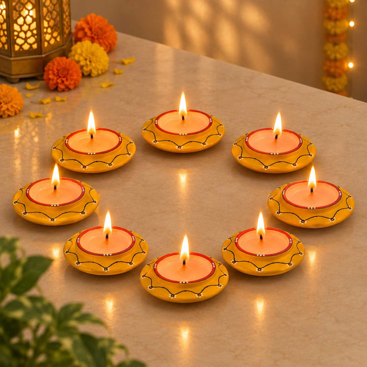 Set of 8 | Sunny Yellow Hand-Painted Terracotta Disc Diya Tealight Holders For Festive Decor