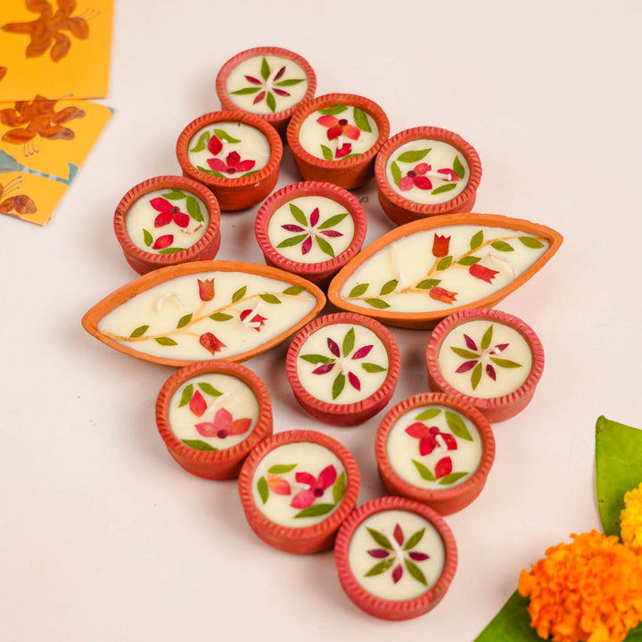 Set Of 14 | Handmade Soy Wax & Dry Flower Assorted Festive Diyas