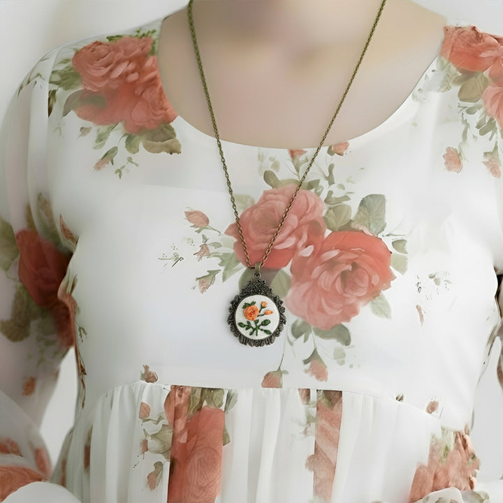 Hand Embroidered Zinnia Cluster Antique Finish Necklace