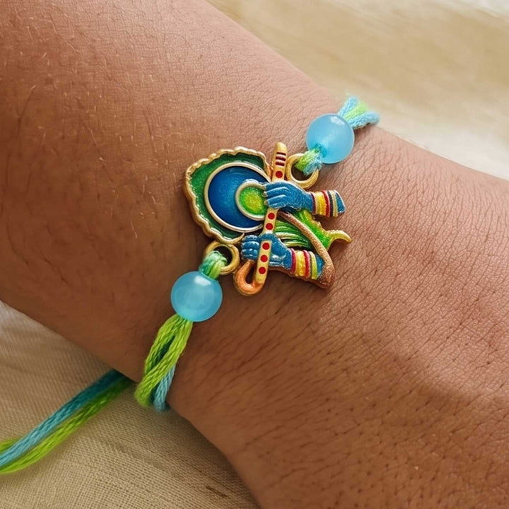 Engraved Lord Krishna Enamel Metal Charm Rakhi With Roli Chawal for Brother
