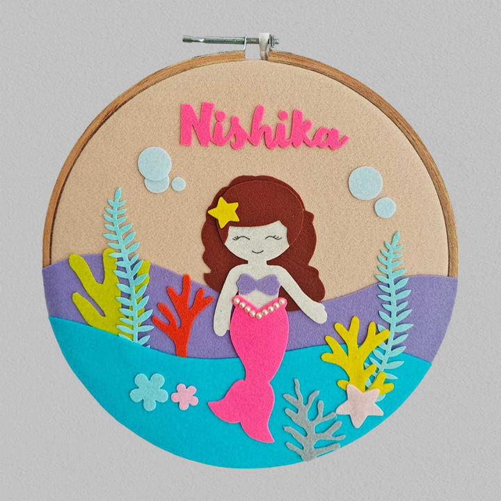 Personalized Handmade Pink Mermaid Theme Felt Hoop Name Plate - Front View with Name Personalization
