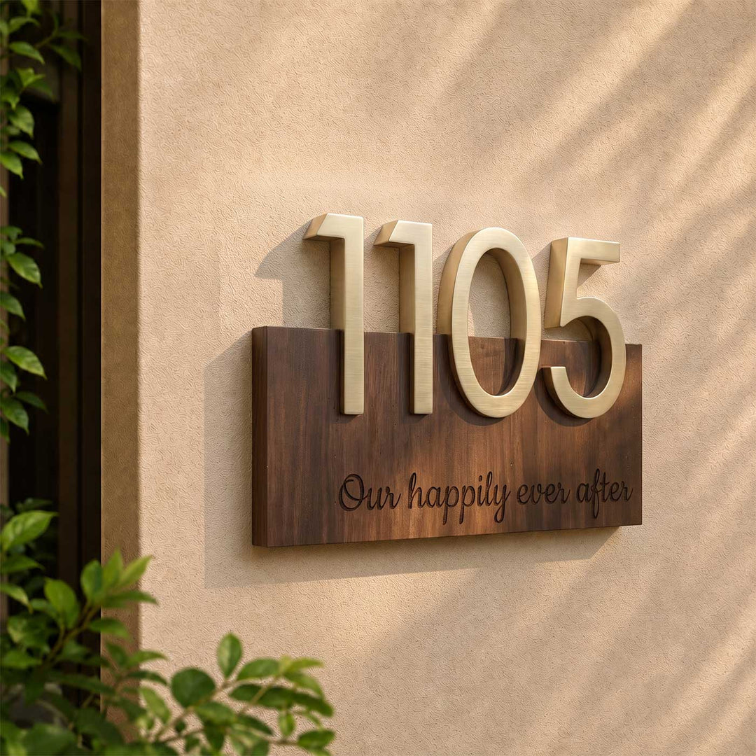 Personalized Floating House Number Rubber Wood Name Plate With 3D Metal Letters For Home