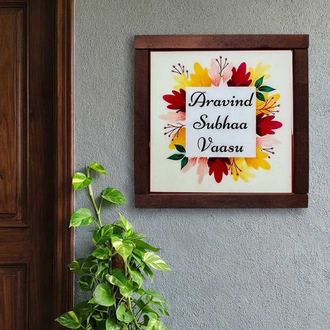 White Leaves Personalized Printed Square Resin Name Plate