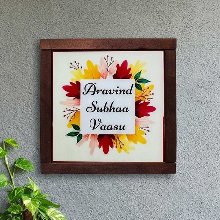 White Leaves Personalized Printed Square Resin Name Plate