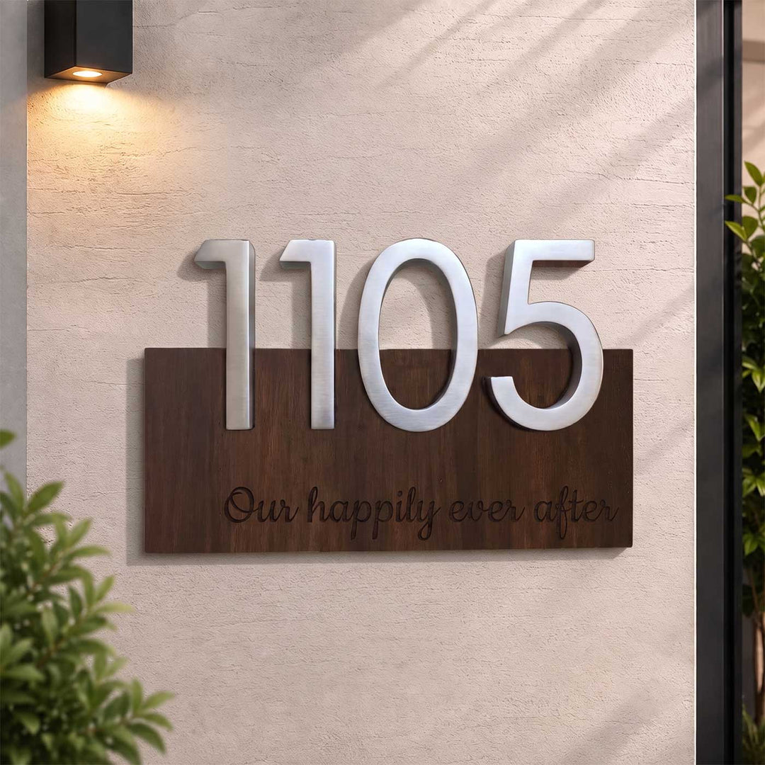 Personalized Floating House Number Rubber Wood Name Plate With 3D Metal Letters For Home