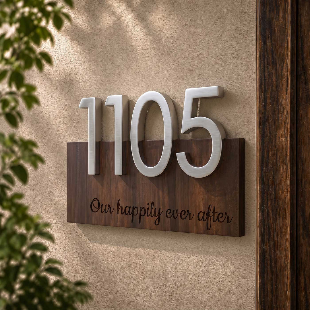Personalized Floating House Number Rubber Wood Name Plate With 3D Metal Letters For Home