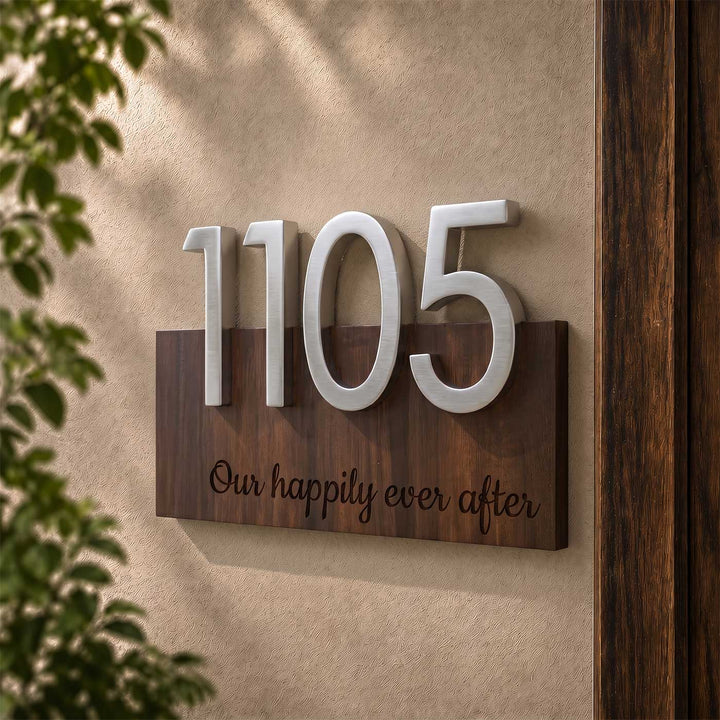 Personalized Floating House Number Rubber Wood Name Plate With 3D Metal Letters For Home