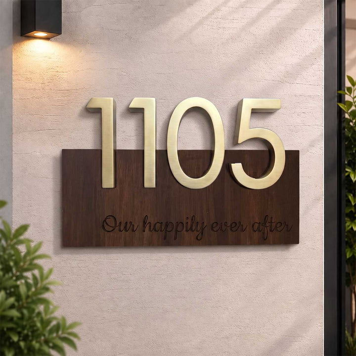 Personalized Floating House Number Rubber Wood Name Plate With 3D Metal Letters For Home