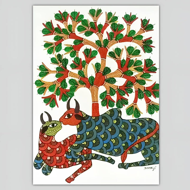 11 x 16 Inch | Two Resting Bulls | Original Hand Painted Tribal Gond Art Painting | Acrylic Paint On Paper