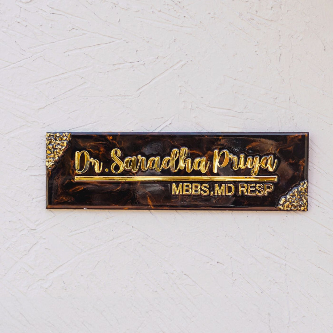 Handmade Resin Black & Gold Rectangle Marbled Name Plate for Doctors