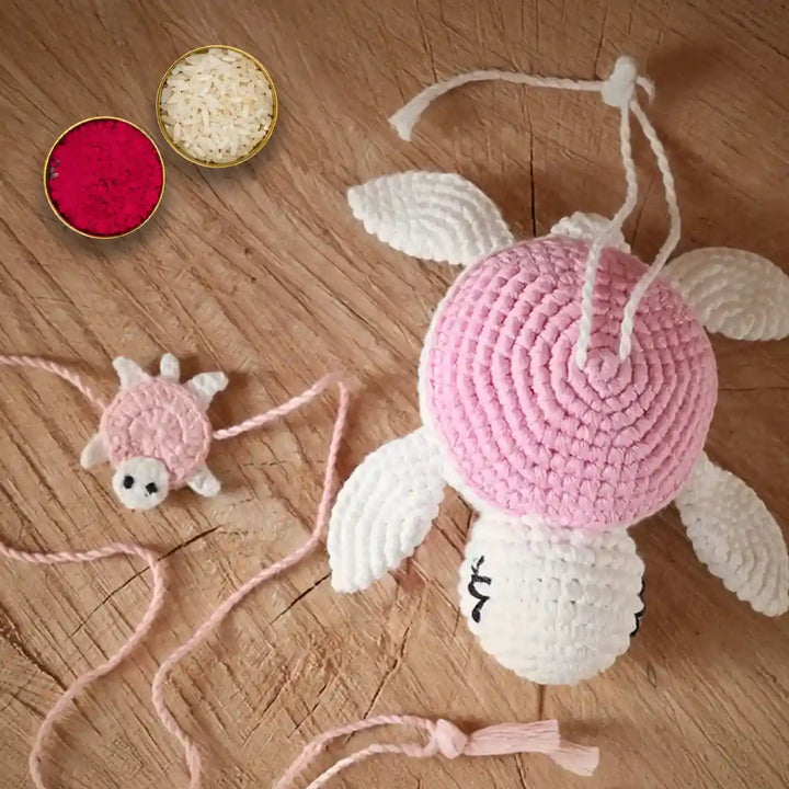 Handmade Crochet Turtle Theme Kids Rakhi And Toy Combo With Roli Chawal Set Of 2 - Top View with Powder Bowls