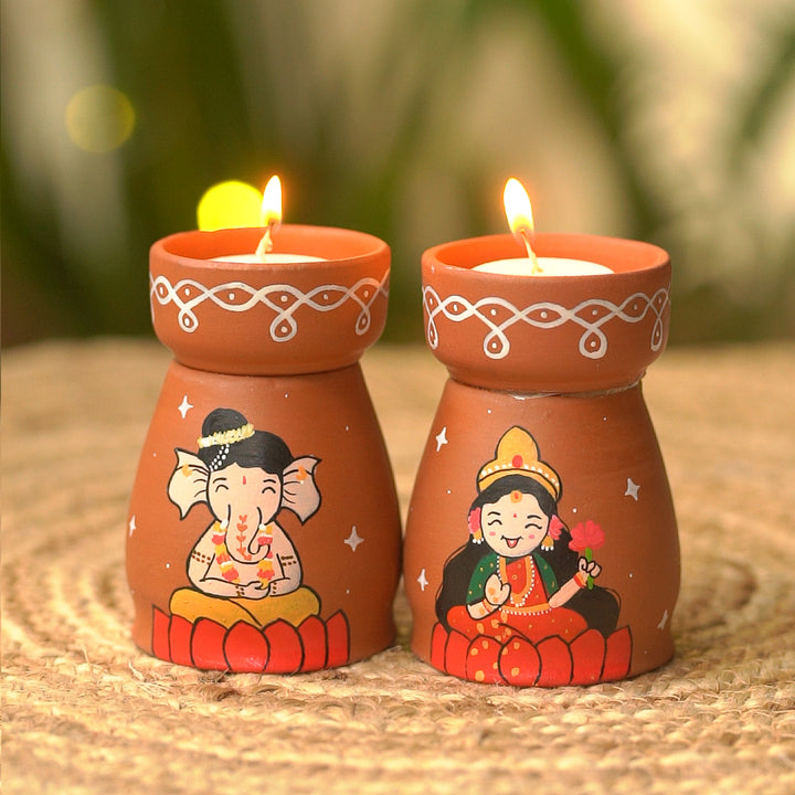 Hand-Painted Lakshmi & Ganapati Terracotta Tealight Holder | Set Of 2