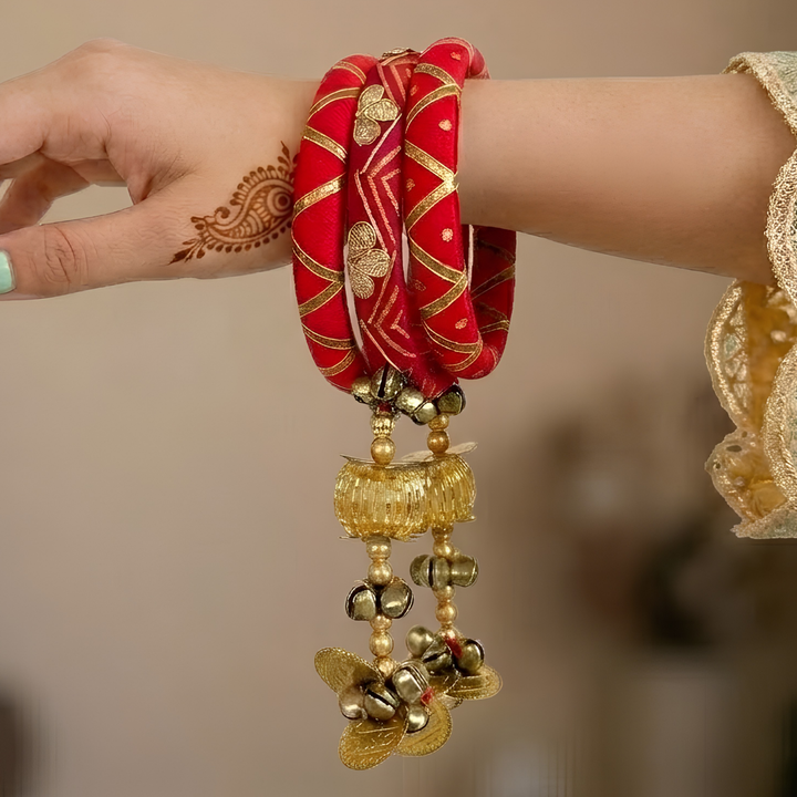 Handmade Beaded Pink Traditional Ghungroo & Zari Cotton Bangle Lumba With Roli Chawal For Bhabhi