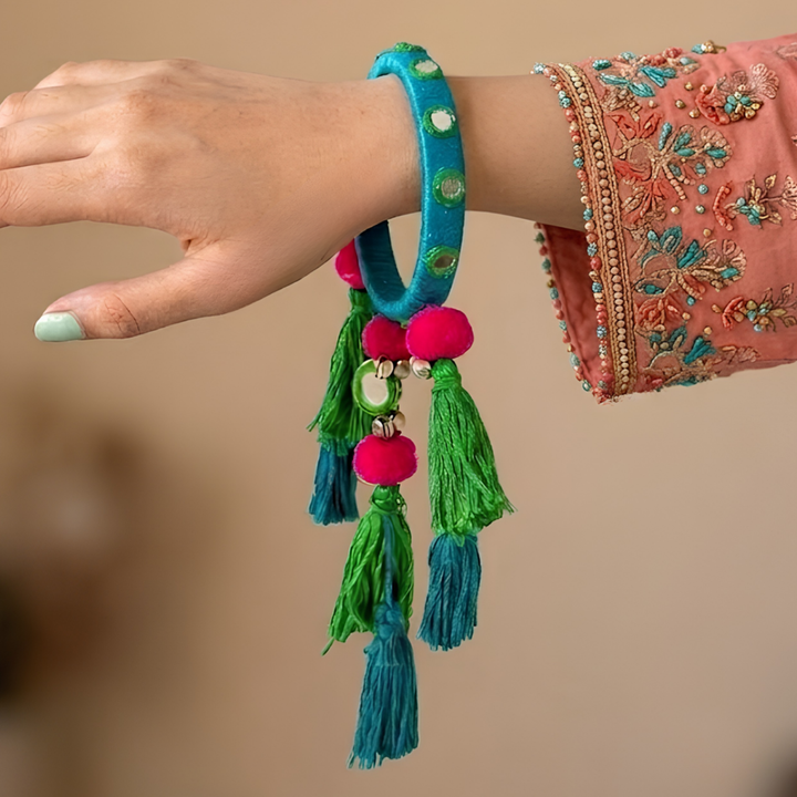 Handmade Beaded Ghungroo & Mirror Cotton Bangle Lumba With Roli Chawal For Bhabhi