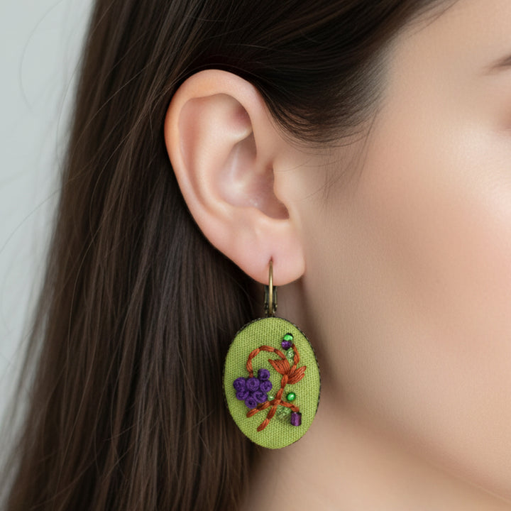 Hand Embroidered Violet Muse Golden Tone Earrings