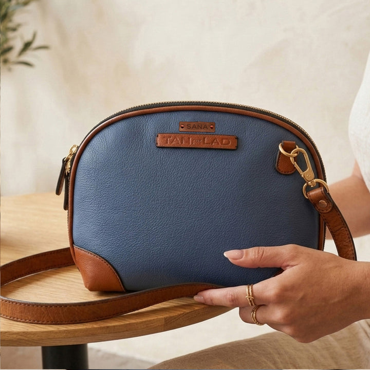 Personalized Blue Brooklyn Tall Leather Sling Bag
