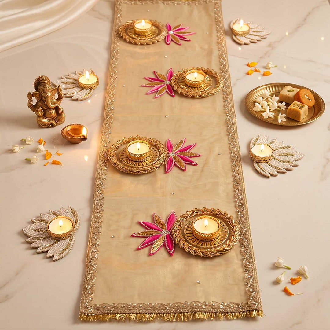 Handcrafted Reversible Gota Patti & Patchwork Thai Silk Gold Table Runner With Removable Tealight Holders