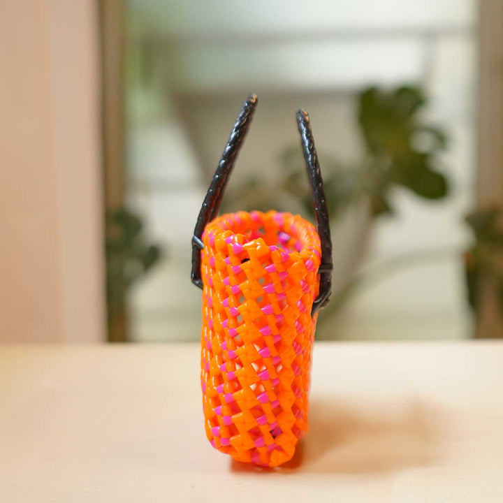 Handwoven Orange & Pink Small Plastic Wire Koodai Bag For Festive Return Gifts