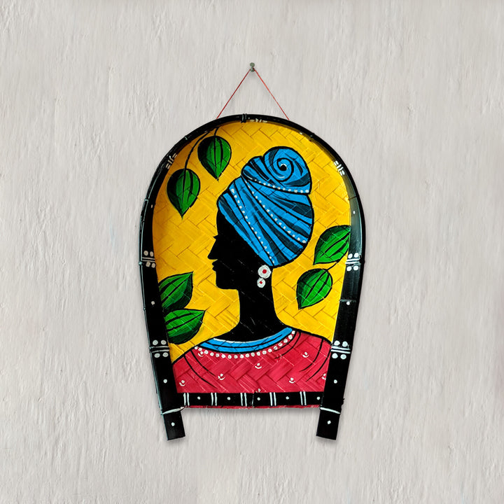 Handpainted African Lady | Blue Folk Art Bamboo Wall Decor