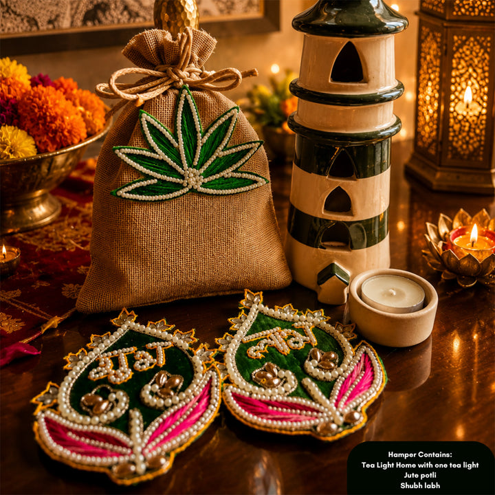 Shubh Labh Green Tealight Home Diwali Gift Hamper With Potli And Mata Laxmi Charan For Festive Gifting
