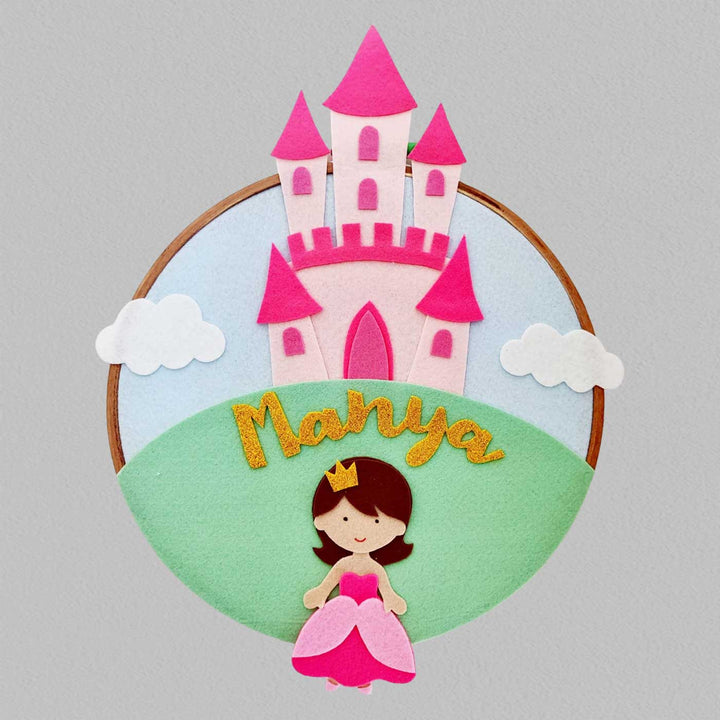 Personalized Handmade Princess And Castle Felt Hoop Name Plate - Front View with Name Personalization