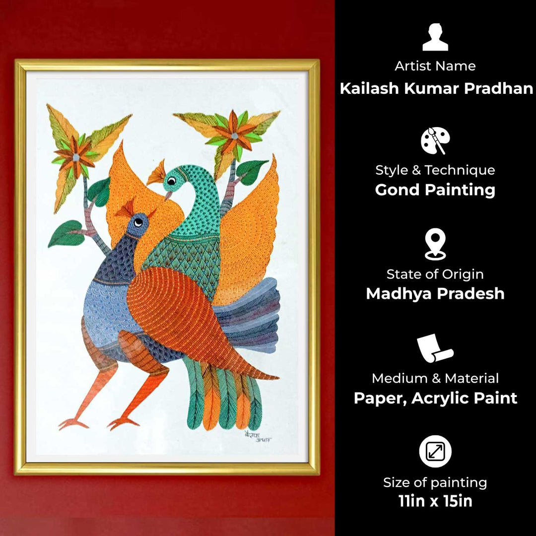 11 x 15 Inch | Peacock Couple | Original Hand painted Tribal Gond Art Painting | Acrylic Paints On Paper